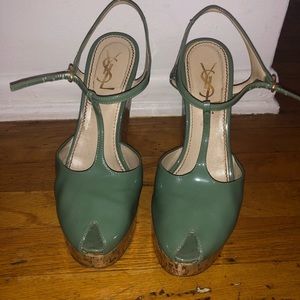 YSL cork wedges blue green patent leather peep toe